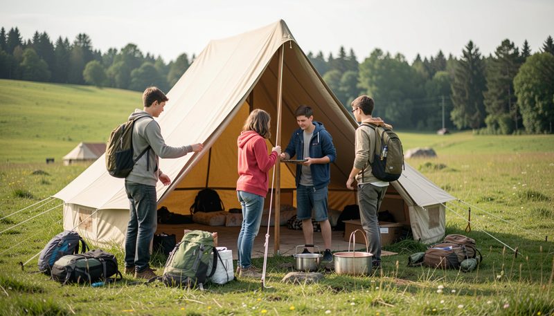 Ragazzi che montano insieme una grande tenda da campo in un prato verde con zaini e pentole