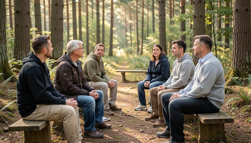 Adulti in formazione seduti su panche di legno che ascoltano una lezione all'aperto nel bosco