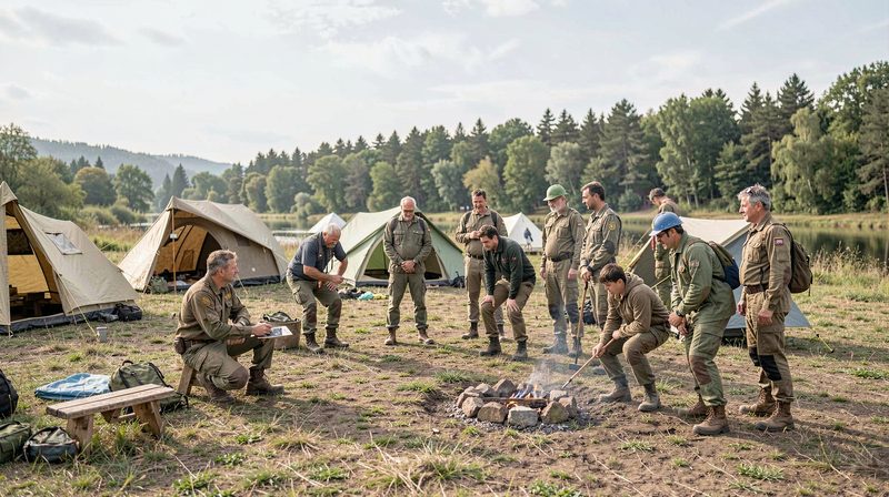 Campo scout in un prato verde con tende da campo, tavoli di legno e zaini sotto gli alberi in luce naturale