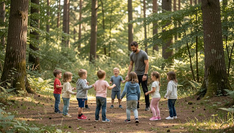 Bambini in abiti da escursione che giocano in cerchio in una radura del bosco con due capi