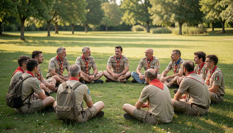 Capi e ragazzi seduti in cerchio sull'erba durante un incontro scout all'aperto nel verde