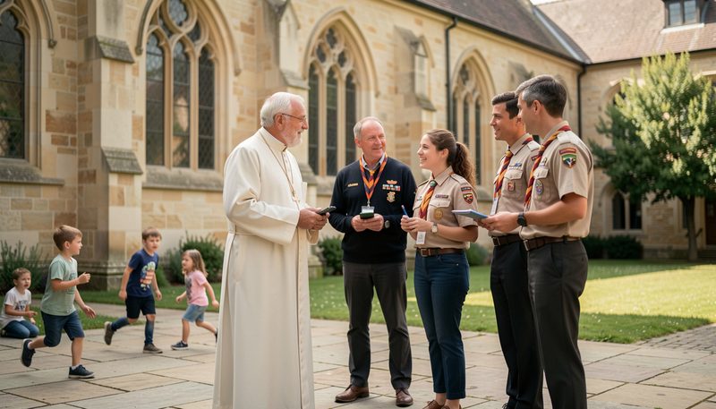 Un sacerdote, insegnanti e capi scout che parlano nel cortile della chiesa mentre i bambini giocano