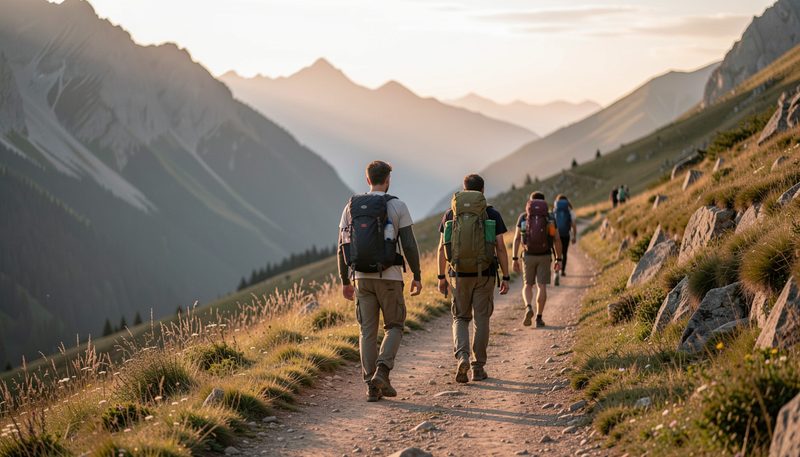 Giovani con zaino in spalla che camminano su un sentiero di montagna al tramonto durante una route